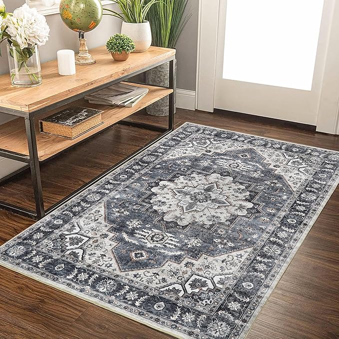 3x5 Area Rugs Washable Boho Rug, Non Slip Carpet for Living Room, Boho Vintage Design Rug, Foldable Soft Low-Pile Rug, Blue/Gray-Brown