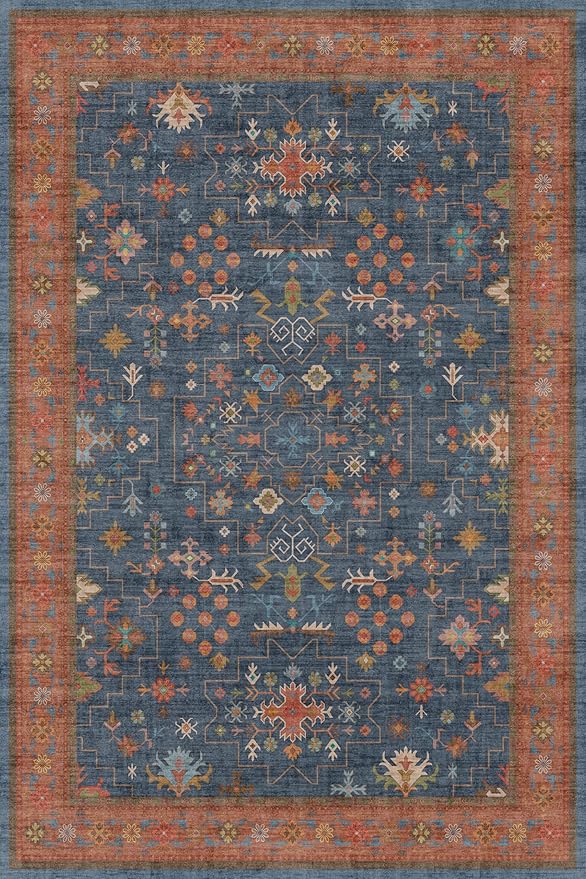 Washable 4x6 Small Rug for Living Room, Area Rug for Kitchen, Bedside, Large Entryway Indoor - Stain Resistant Non Skid Non Slip with Rubber Backing, Boho Aethestic Décor (4x6 Navy Blue)