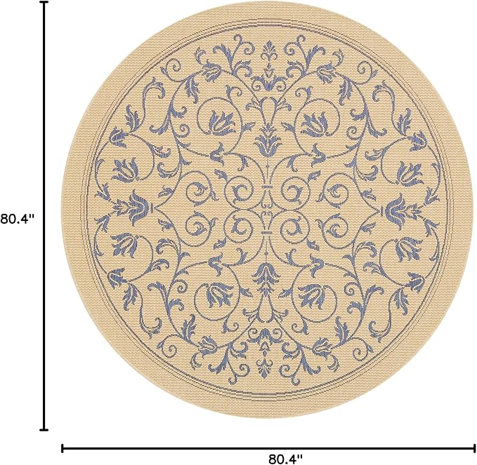 SAFAVIEH Courtyard Collection Area Rug - 6'7" Round, Natural & Blue, Scroll Design, Non-Shedding & Easy Care, Indoor/Outdoor & Washable-Ideal for Patio, Backyard, Mudroom (CY2098-3101)