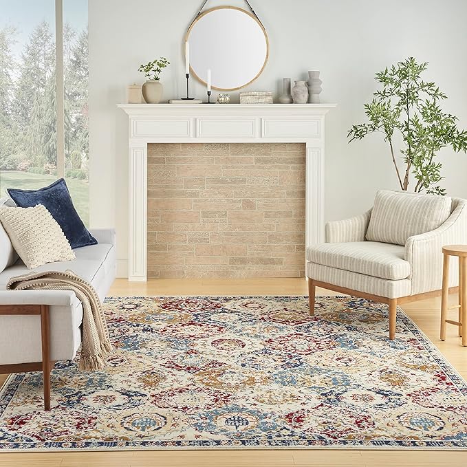 Nourison Grafix Traditional Blue/Multicolor 7' x 10' Area Rug, Easy Cleaning, Non Shedding, Bed Room, Living Room, Dining Room, Kitchen (7x10)
