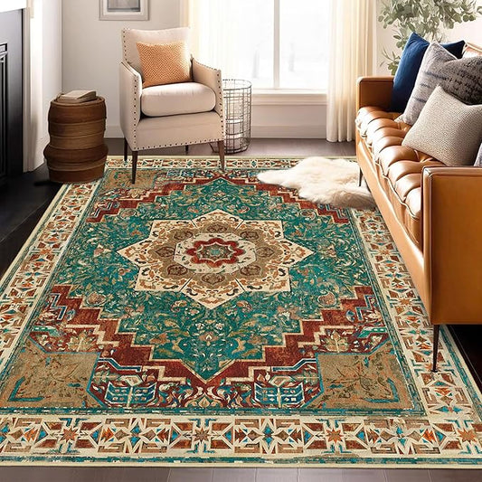 Washable Area Rug 8x10 Boho Rug for Living Room Bedroom Non Slip Soft Teal Rust Vintage Rug Oriental Distressed Large Accent Rug Floral Medallion Floor Carpet for Office Dining Room Indoor