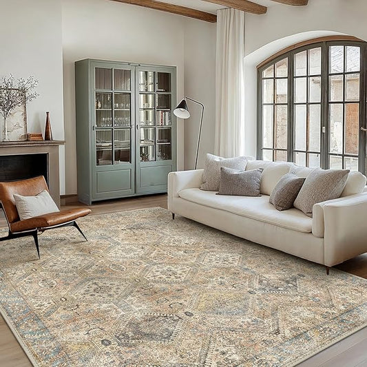 Bavni 10x14 Area Rugs for Living Room, Machine Washable Rug Non Slip, Vintage Chenille Distressed Print Carpet, Large Low Pile Ultra-Thin Lightweight Rugs for Bedroom, Dining Room, Office, Wood Brown