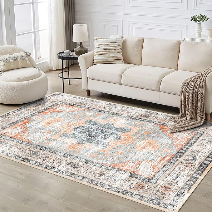 vivorug Washable Rug, Ultra Soft Runner Rug 2x10, Non Slip Floor Carpet, Runners for Hallway Living Room Indoor, Vintage Accent (Orange, 2'x10')