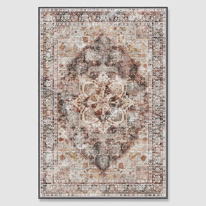 RYB HOME Washable Runner Rug 2x6 for Enterway Hallway, Abstract Distresssed Rug Soft Faux Wool Stain Resistant Non Slip Door Mat Runner for Kitchen Bathroom Laundry, 2x6 ft, Brown
