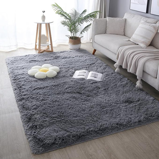5x8 Grey Fluffy Fuzzy Area Rug for Bedroom, Soft Plush Washable Shag Carpet for Living Room,Gray Comfy Floor Non Slip Furry Shaggy Rugs for Kids Baby Boys Girls Nursery Teens College Dorm