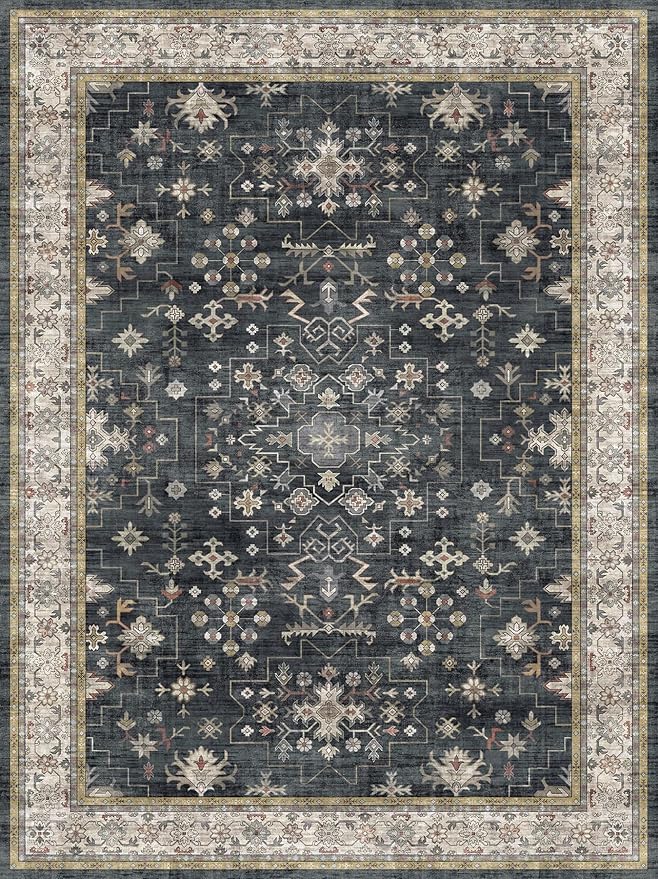 Black Boho Rug for Living Room 9x12 - Washable Dining Room Rugs for Under Table, Vintage Soft Low Pile Carpet for Bedroom, Non-Slip Farmhouse Bohemian Large Tumble Rug for High Traffic Area