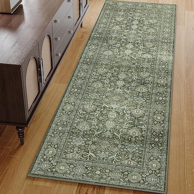Green Runner Rug 3x8 Vintage Area Carpet Hallway Long Indoor Kitchen Washable Living Room Low Pile Traditional Distressed Retro Accent Throw Rug Non Slip Laundry Bathroom Office Dining Room