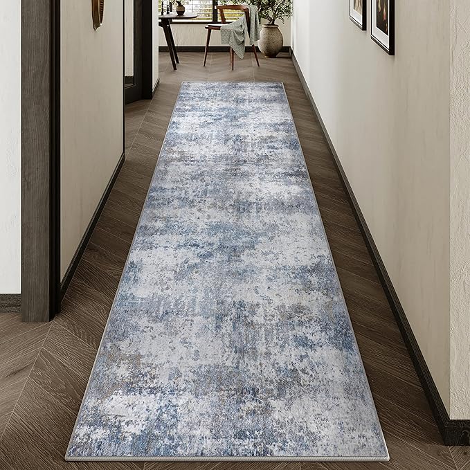 2x10 Runner Rugs Grey Blue Machine Washable Hallway Area Rug Indoor Accent Rug Abstract Non Slip Low Pile Carpet Distressed Throw Rug for Bedroom Living Room Office Dining Room Kitchen