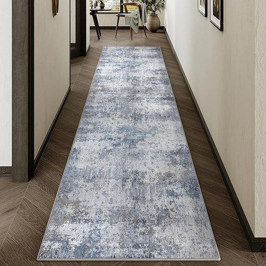 2x10 Runner Rugs Grey Blue Machine Washable Hallway Area Rug Indoor Accent Rug Abstract Non Slip Low Pile Carpet Distressed Throw Rug for Bedroom Living Room Office Dining Room Kitchen