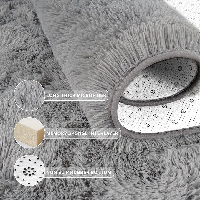 Tepook Soft Runner Rugs for Bedroom 2x6 ft with Rubber Backing, Grey Fluffy Rugs for Living Room, Shag Bedside Rug Fuzzy Plush Carpet for Room, Area Rug for Dorm Nursery Hallway Indoor Home Decor