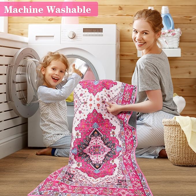 Noahas Front Door Mat Indoor Outdoor Entrance,2x3 Small Hot Pink Area Rugs Vintage Machine Washable Rugs Non-Slip Low Pile Carpets for Entryway Porch Bathroom Kitchen Bedroom Laundry Room Home Decor