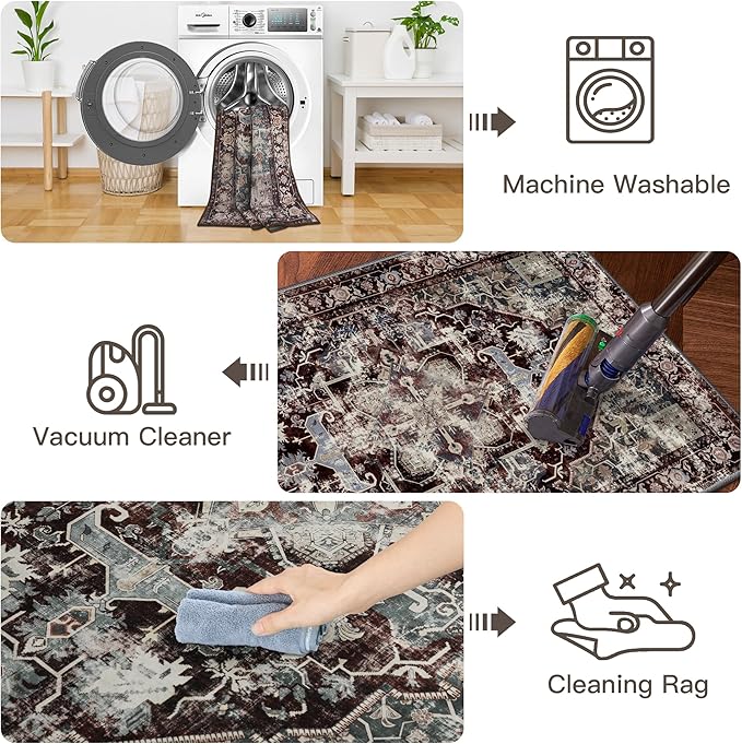 RYB HOME 2x6 Kitchen Runner Rug, Vintage Modern Entrance Door Mat Runner, Distressed Soft Stain Resistant Non Slip for Hallway Kitchen Bathroom Laundry Foyer, 2x6 ft, Beige