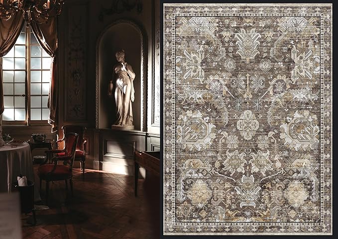 Washable Area Rugs - Perfect for Living Room, Bedroom, Kids Room, Nursery - Stain & Water Resistant Non-Slip, Pet & Child Friendly, Vintage Tribal Area Rugs (Ivory, 4' x 6')