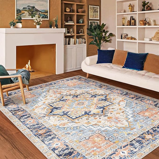 Kokia Washable Area Rugs Boho Non Slip Stain Resistant Thin Carpet Vintage Multicolor Printed Oriental Foldable Distressed 6x9 Rug for Living Room Bedroom Indoor House
