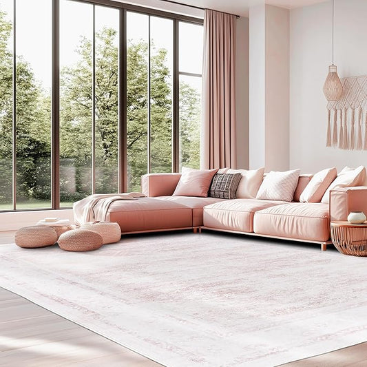 9x12 ft Pink Area Rug – Washable, Non-Slip, Indoor/Outdoor, Boho Style for Living Room, Patio, and Bedroom – Durable and Comfortable Rug for Any Space