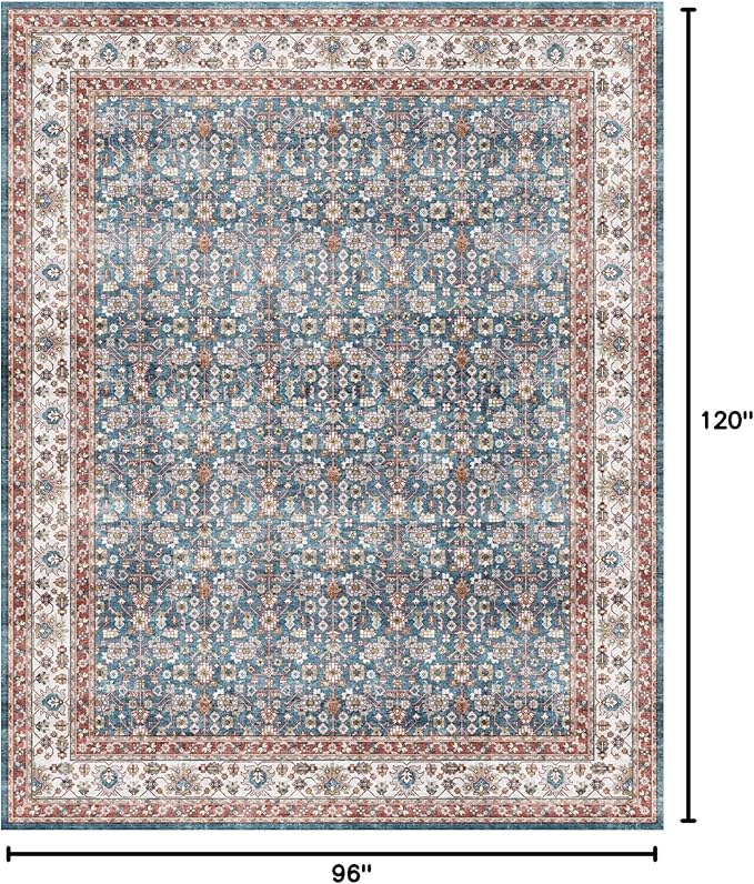 Dripex 8x10 Area Rugs, Machine Washable Non Slip Distressed Boho Rugs,Large Area Rug for Bedroom Aesthetic, No Pile Lightweight Vintage Rug, Carpet for Living Room Dining Room Apartment,Blue and Red