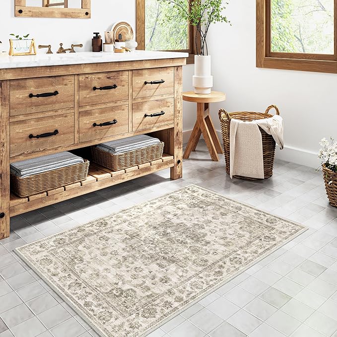 2x3 Washable Neutral Area Rug Taupe Entryway Kitchen Non-Slip Low Pile Floral Carpet Door Mat Vintage Soft Thin Small Throw Rug for Bathroom Bedroom Indoor Entrance
