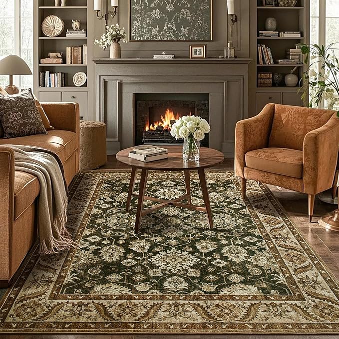 Area Rugs for Living Room, 4x6 Washable Rugs for Bedroom, Non-Slip Retro Floral Carpet for Entryway Office Kitchen Dining Room, Brown and Green