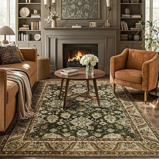 Area Rugs for Living Room, Washable 5x7 Area Rug for Bedroom, Retro Floral Non-Slip Carpet for Nursery Home Office Dining Room Kitchen, Brown and Green