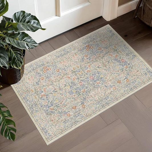 Washable Entry Rug - Front Door Rugs Indoor, Non-Slip Bathroom Small Rugs, Vintage Floral Style Rug for Kitchen, Perfect for Entryway Décor (2x3 Beige Blue)
