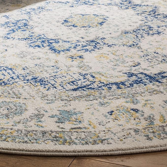 SAFAVIEH Evoke Collection Area Rug - 9' Round, Ivory & Blue, Shabby Chic Oriental Medallion Design, Non-Shedding & Easy Care, Ideal for High Traffic Areas in Living Room, Bedroom (EVK220C)