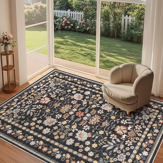 10x14 Area Rug Living Room Rugs - Washable Boho Vintage Floral Large Soft Non Slip Thin Rug Low Pile Carpet for Bedroom Dining Room Kids Playroom Office Decor Indoor- Black Grey