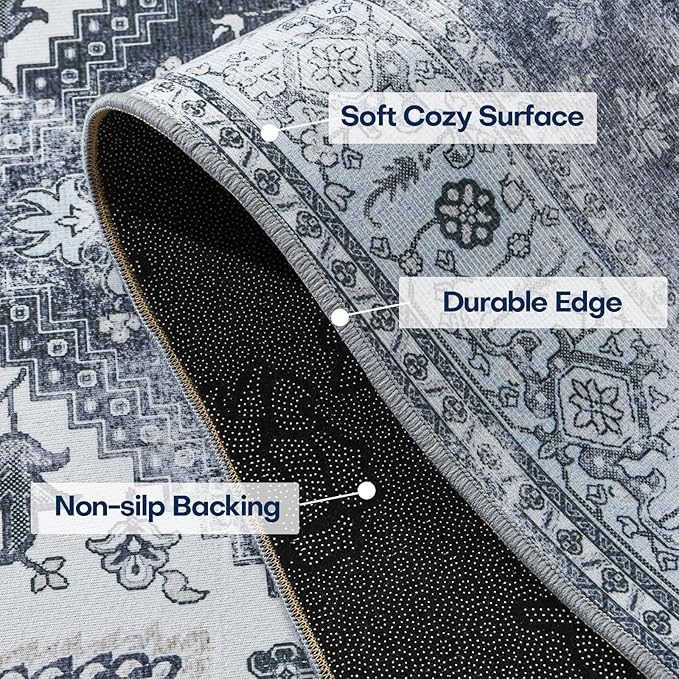 YJ.GWL Large Area Rug for Living Room, 5x7 Machine Washable Boho Rug for Bedroom, Low Pile Lightweight Thin Rugs Floral Vintage Distress Print Pattern Carpet for Dining Room, Blue/Grey