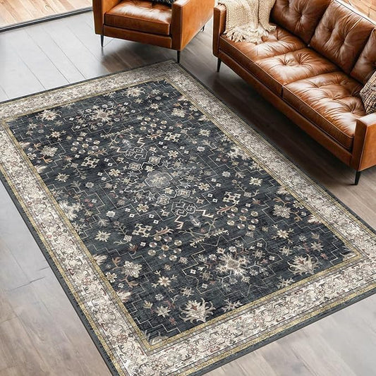 Black Boho Living Room Rug 5x7, Washable Dark Vintage Moody Low Pile Non Slip Carpet for Bedroom, Dinning Room, Office, Farmhouse, Retro Area Rug Indoor Decor (5x7 Black/Multi)