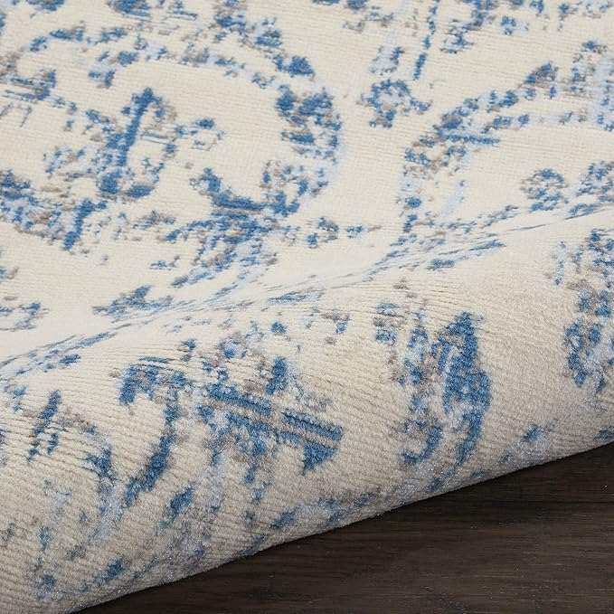 Nourison Jubilant Damask Ivory/Blue 3' x 5' Area-Rug, Easy-Cleaning, Non Shedding, Bed Room, Living Room, Dining Room, Kitchen (3x5)
