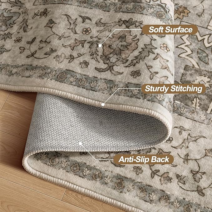 2.6x8 Washable Runner Rug for Hallways, Non Slip Vintage, Soft Low Pile Long Runner, Print Distressed Brown/Grey Carpet Runners for Kitchen Bedroom Entryway Bathroom Living Room