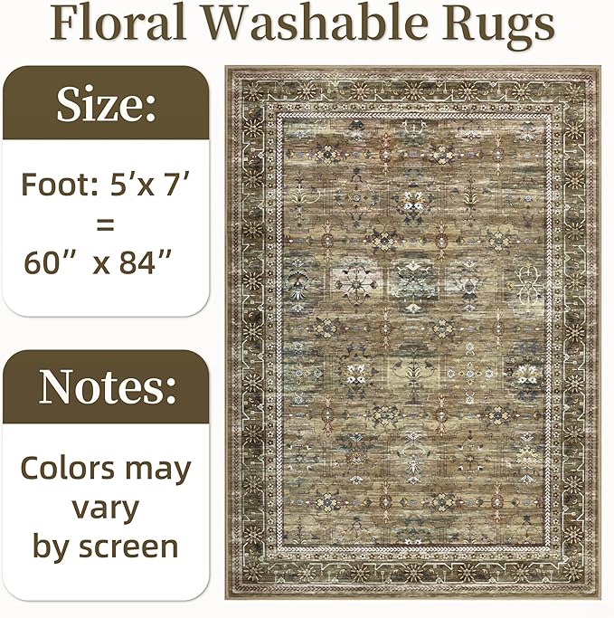 4x6 Area Rug for Bedroom Machine Washable, Non Slip Vintage Floral Kitchen Rugs for Dining Room, Low Pile Indoor Floor Print Carpet for Nursery Farmhouse Home Office Olive/Charcoal