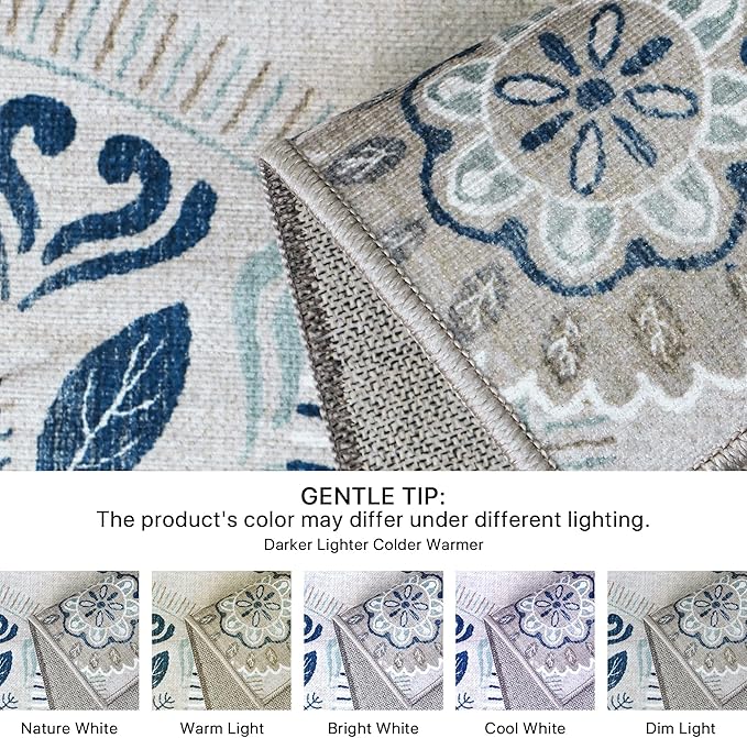 Bavni Kitchen Runner, Washable 2x12 Rugs Non Slip, Floral Thin Runners, Stain Resistant Carpet Runner for Bathroom, Bedroom, Hallway, Azure Blue/White