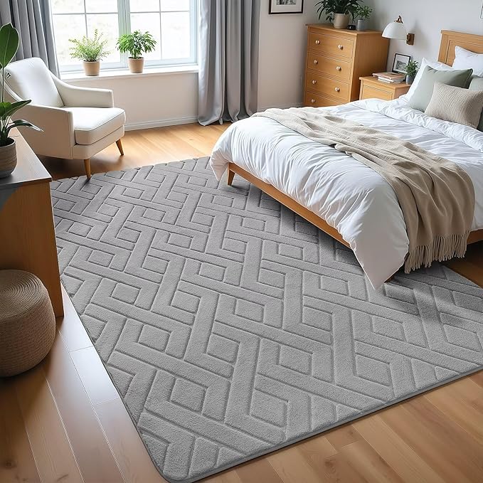 Ultra Soft Grey Area Rug for Living Room, 5x7 Modern Geometric Shag Rugs with Nonslip Backing for Bedroom, Washable Fuzzy Carpet for Cozy Kids Room Nursery
