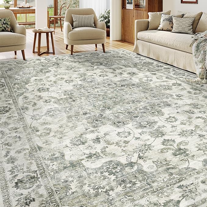 10x12 Neutral Area Rug Green Floral Living Room Bedroom Large Carpet Low Pile Vintage Non-Slip Soft Thin Washable Throw Rug for Dining Room Office Kitchen Indoor Nursery