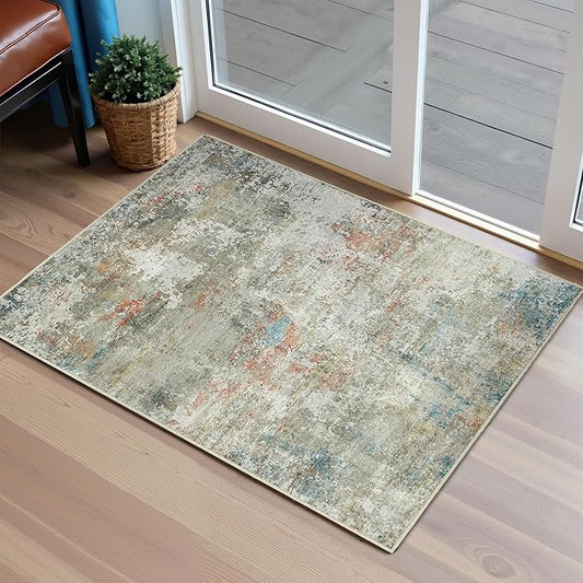 2x3 Entryway Rug Orange Grey Non Slip Washable Doormat Neutral Modern Abstract Indoor Rug Thin Soft Throw Low Pile Kitchen Carpet for Laundry Room, Kitchen, Bedroom, Bathroom