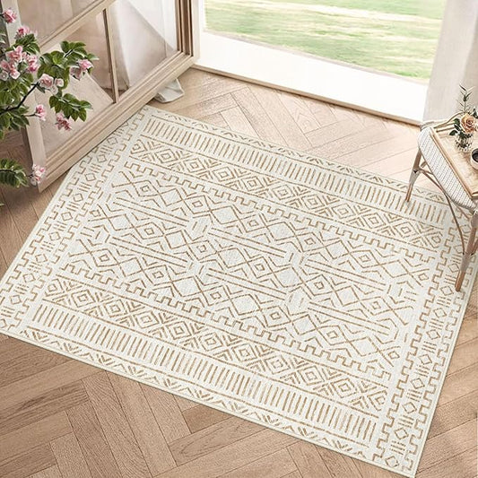 2x3 Rug Entryway Rugs: Washable Boho Small Geometric Moroccan Printed Pattern Rug Modern Indoor Soft Non Slip Ultra Thin Front Door Mat for Kitchen Bedroom (BeigeBrown, 2'x3')