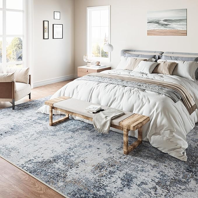 8x10 Washable Rugs Grey Blue Hallway Large Area Rug Indoor Accent Rug Abstract Non Slip Low Pile Carpet Distressed Throw Rug for Bedroom Living Room Office Dining Room Kitchen Laundry Room