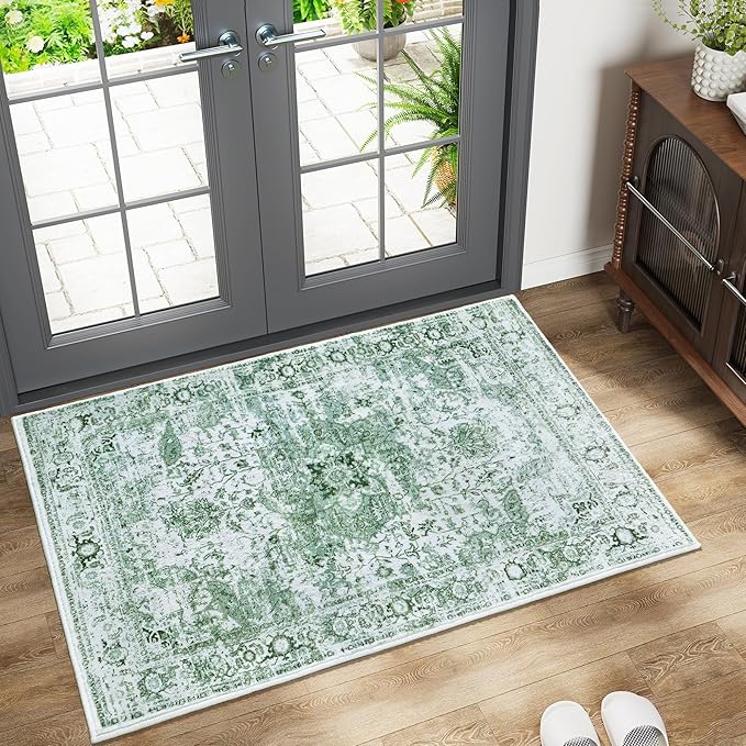 Keeko Small Rugs for Entryway, 2x3 Living Room Area Rug Vintage Door Mat Accent Bedroom Bedside Rug Indoor Low Pile Retro Non Slip Front Door Print Throw Rugs for Kitchen Laundry Room Decor Green
