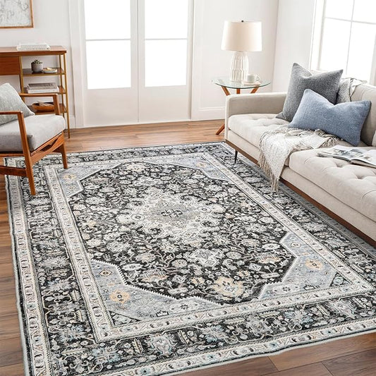 Washable Area Rug 6x9 - Bedroom Living Room Large Indoor Rugs Soft Oriental Vintage Rugs Non-Slip Backing Stain Resistant for Farmhouse Kitchen (Slate Grey/Black 6x9)