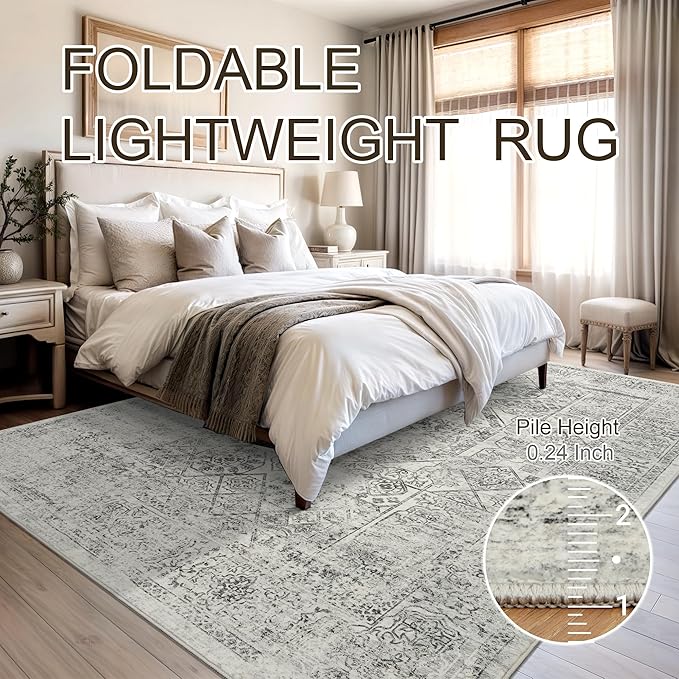 Washable Area Rug 8x10, Gray Soft Rug for Living Room Vintage 8x10 Area Rugs for Bedroom Dining Room Floral Non-Slip Thin Grey Rug