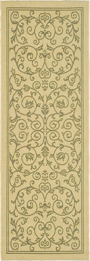 SAFAVIEH Courtyard Collection Runner Rug - 2'3" x 8', Natural & Olive, Scroll Design, Non-Shedding & Easy Care, Indoor/Outdoor & Washable-Ideal for Patio, Backyard, Mudroom (CY2098-1E01)