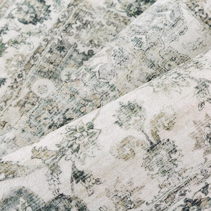 10x12 Neutral Area Rug Green Floral Living Room Bedroom Large Carpet Low Pile Vintage Non-Slip Soft Thin Washable Throw Rug for Dining Room Office Kitchen Indoor Nursery