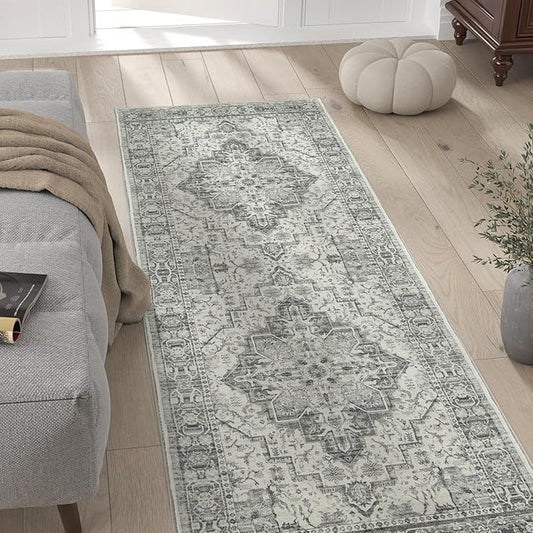 jinchan Runner Rug 2x5 Vintage Hallway Boho Washable Floral Kitchen Runner Rug Retro Accent Non Slip Tribal Distressed Soft Carpet for Bedroom Bathroom Laundry Room Doorway Grey