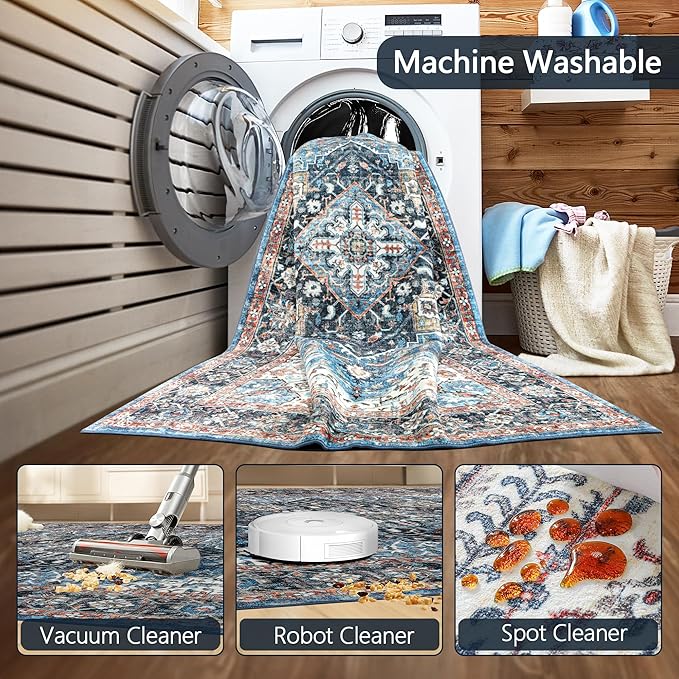 2x6 Runner Rug, Ultra-Thin Bathroom Rug, Blue Low Pile Laundry Room Mat, Machine Washable Boho Rug for Hallways Entryway Kitchen Bathroom Bedside Camper