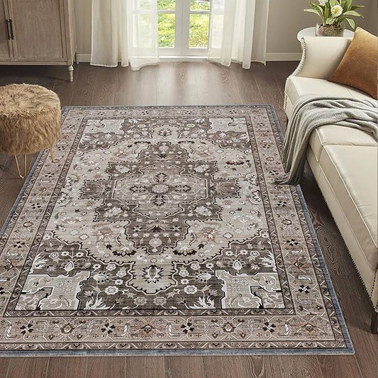 Washable Area Rug 5x7 Non-Slip, Boho Rugs for Living Room Decor，Indoor Mat for Front Porch, Kitchen, Laundry Room, Bathroom, Olive