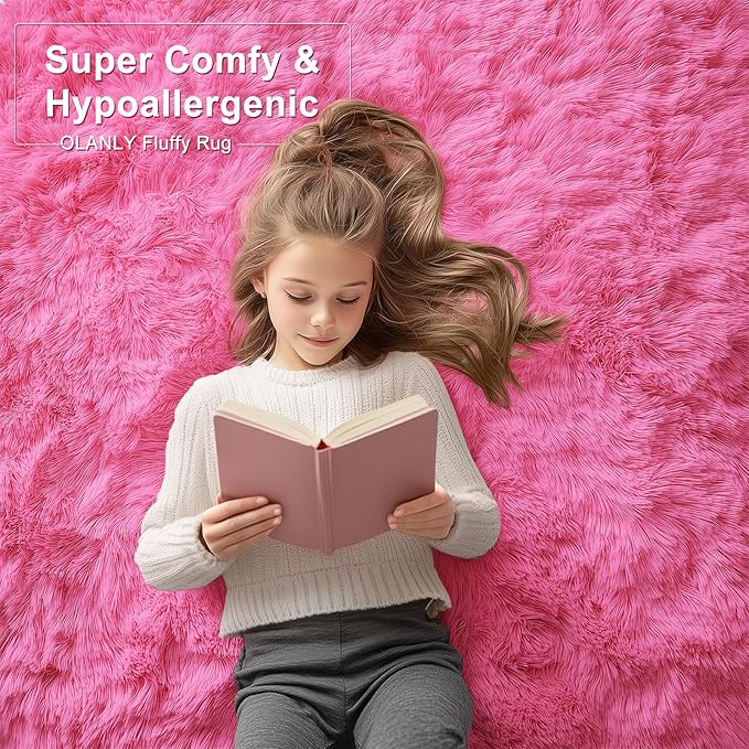 OLANLY 2x4 Machine Washable Runner Rugs for Hallway, Soft Fluffy Shaggy Bedside Rugs for Bedroom, Living Room, Indoor Floor Carpet for Kids Girls Boys, Nursery Rooms, Home Decor Aesthetic, Hot Pink