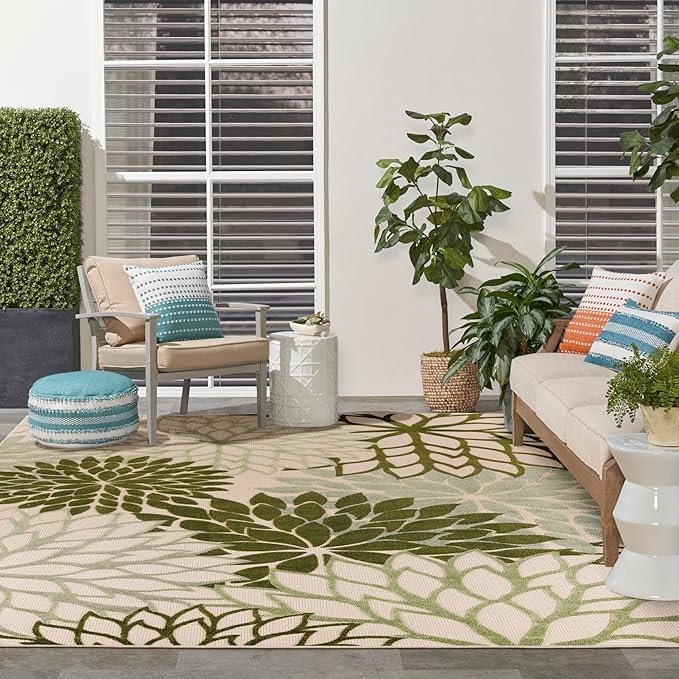 Nourison Aloha Indoor-Outdoor Ivory Green 9' x 12' Area Rug, Easy Cleaning, Non Shedding, Bed Room, Living Room, Dining Room, Backyard, Patio, Deck (9x12)