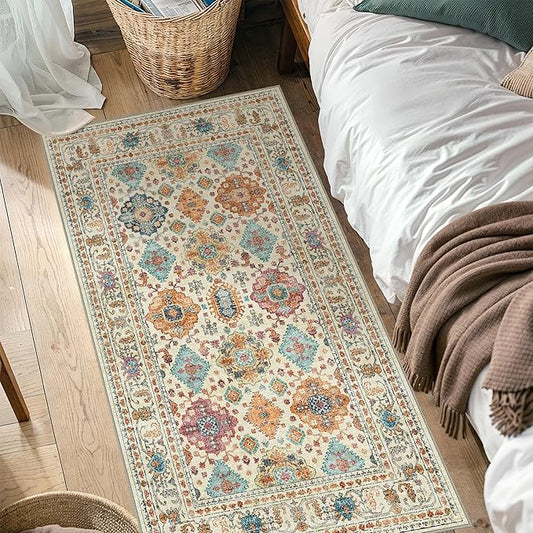 3x5 Area Rugs for Living Room, Machine Washable Rug Non Slip, Vintage Chenille Distressed Print Carpet, Large Low Pile Ultra-Thin Lightweight Rugs for Bedroom, Dining Room, Office Turmeric