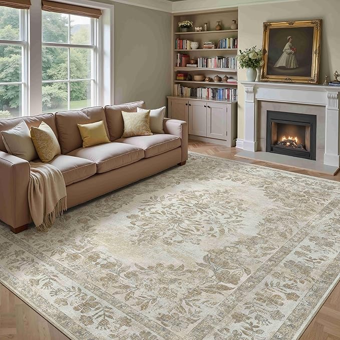 8x10 Area Rug Beige Washable Vintage Distressed Living Room Carpet Large Bedroom Indoor Medallion Floral Non Slip Retro Throw Floor Mat for Office Dining Room Kitchen Bathroom