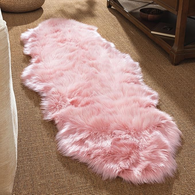 Ashler faux fur rug, Fluffy Shaggy Area Rug Ultra Soft 2 x 6 Feet Sheepskin Fur Rug, Pink Fuzzy Rug Machine Washable Shag Rug, Nursery Decor Throw Rugs for Bedroom, kids room, Living Room